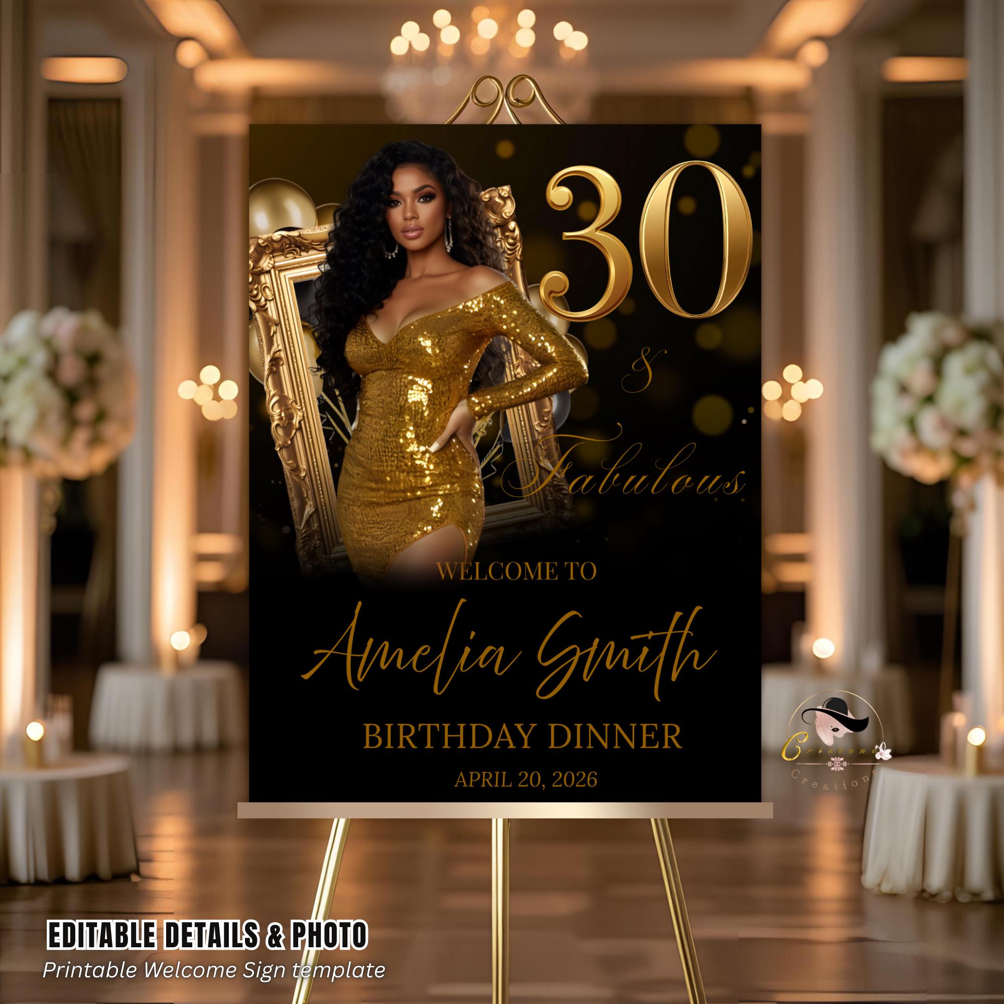 Black Gold 30th Birthday Welcome Party Sign, Retirement Brunch Sign with photo, Glam 30th Birthday Dinner Poster Sign, Men Woman Template