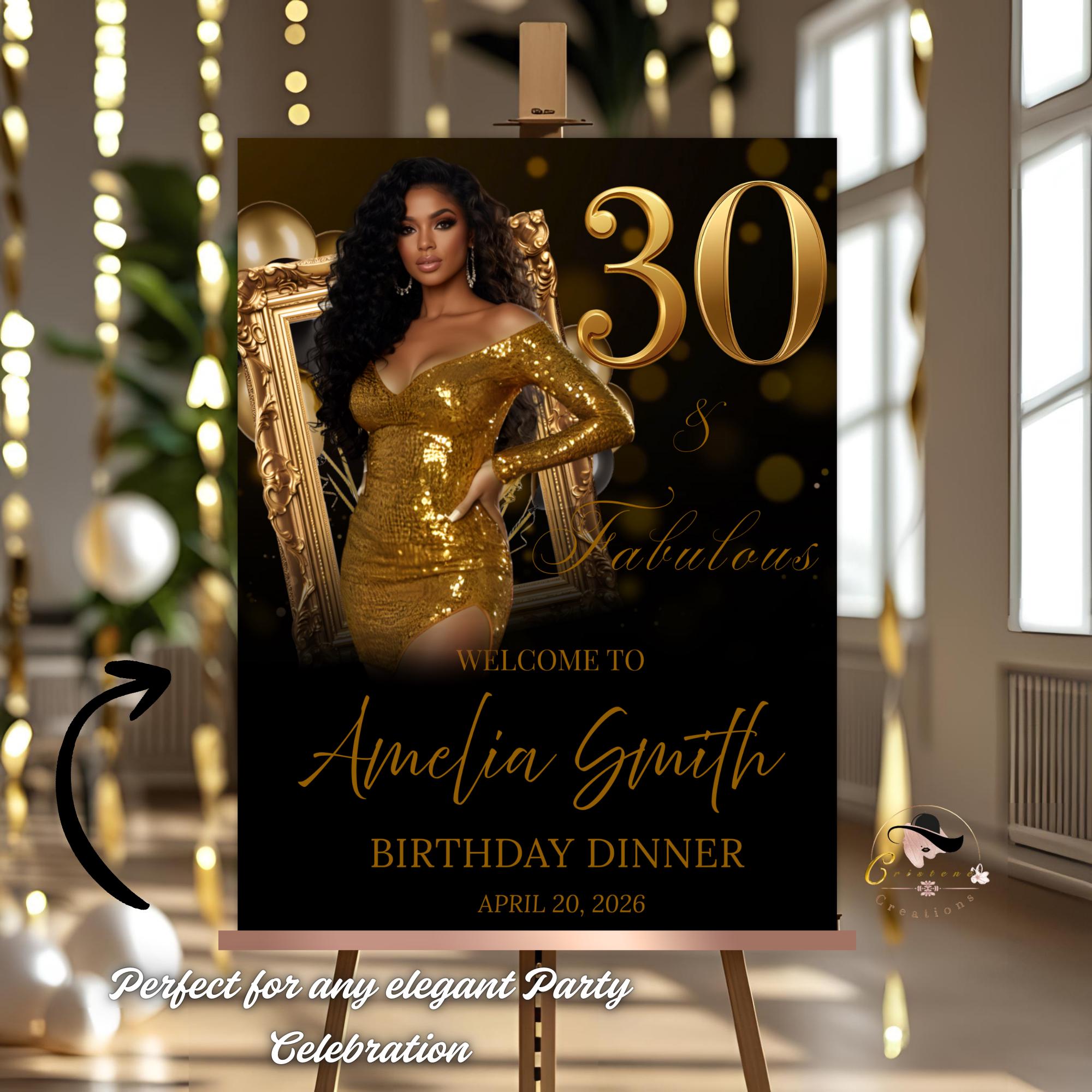 Black Gold 30th Birthday Welcome Party Sign, Retirement Brunch Sign with photo, Glam 30th Birthday Dinner Poster Sign, Men Woman Template