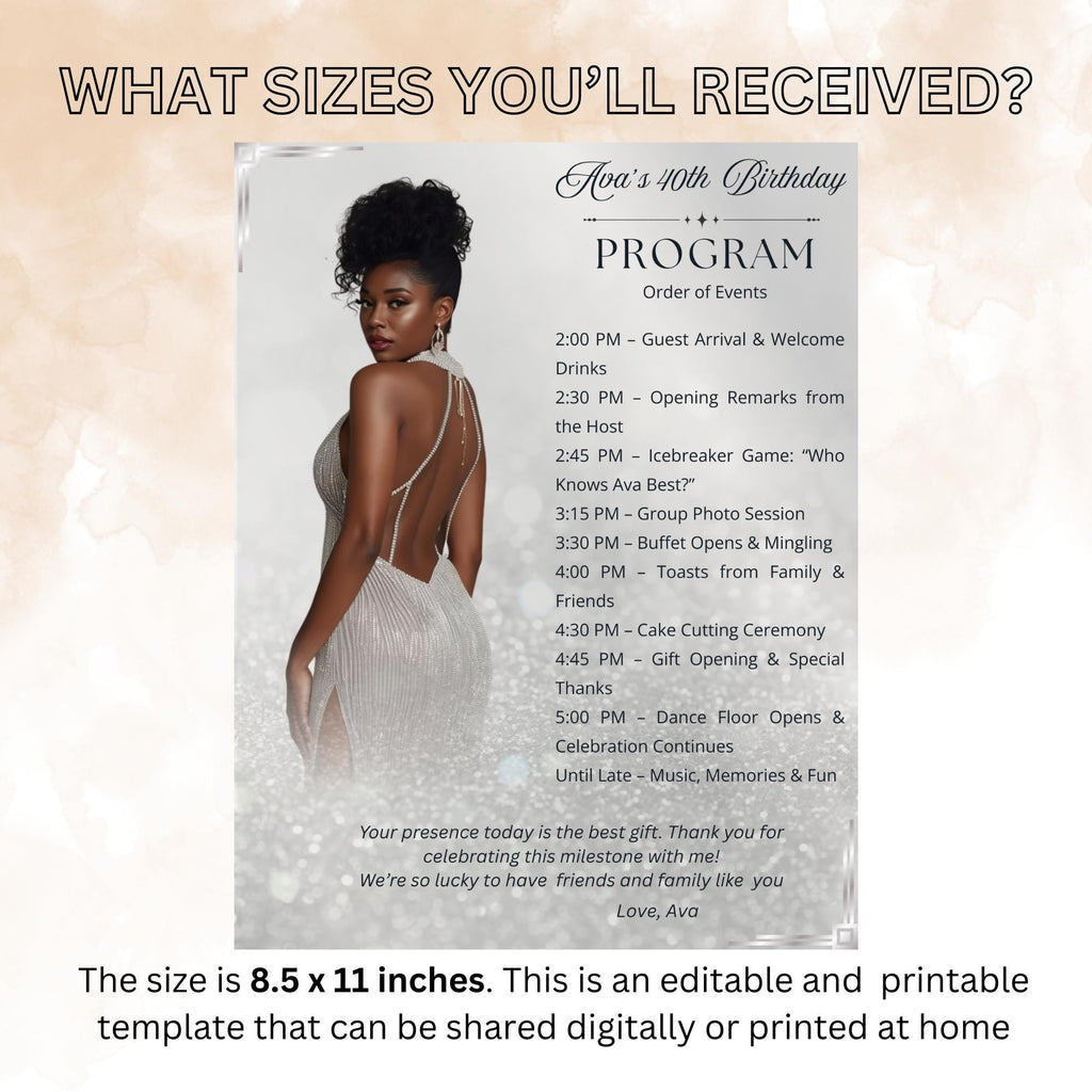 White Silver Birthday Program Card Template, Woman Retirement Party Program with photo, Printable Order of Events, Elegant Program Schedule