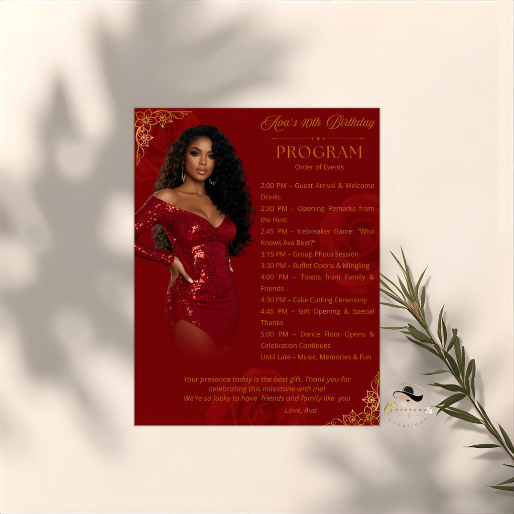 Red gold Birthday Program Card Template, Woman Retirement Party Program with photo, Elegant Order of Events, Printable Timeline Schedule