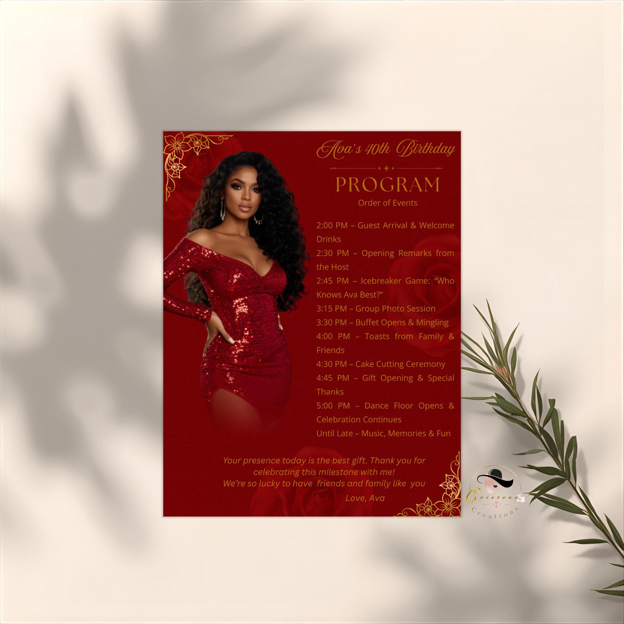 Red gold Birthday Program Card Template, Woman Retirement Party Program with photo, Elegant Order of Events, Printable Timeline Schedule