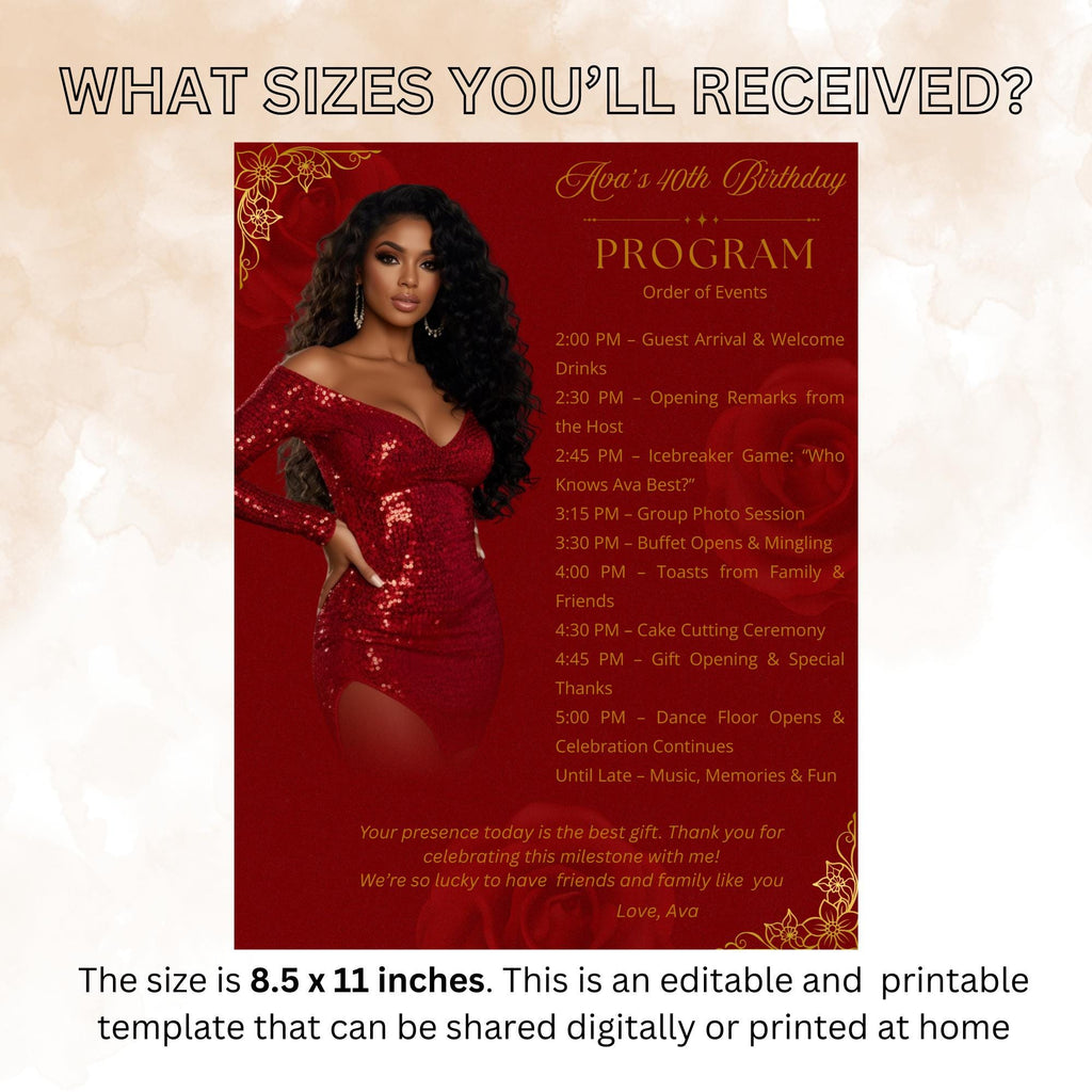 Red gold Birthday Program Card Template, Woman Retirement Party Program with photo, Elegant Order of Events, Printable Timeline Schedule