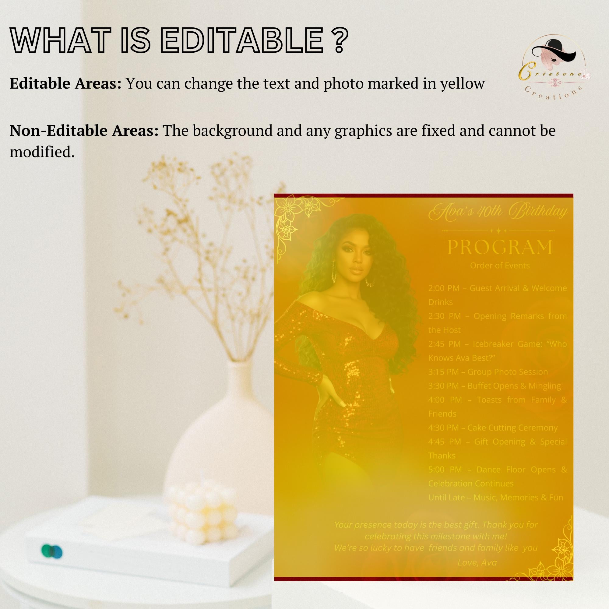 Red gold Birthday Program Card Template, Woman Retirement Party Program with photo, Elegant Order of Events, Printable Timeline Schedule