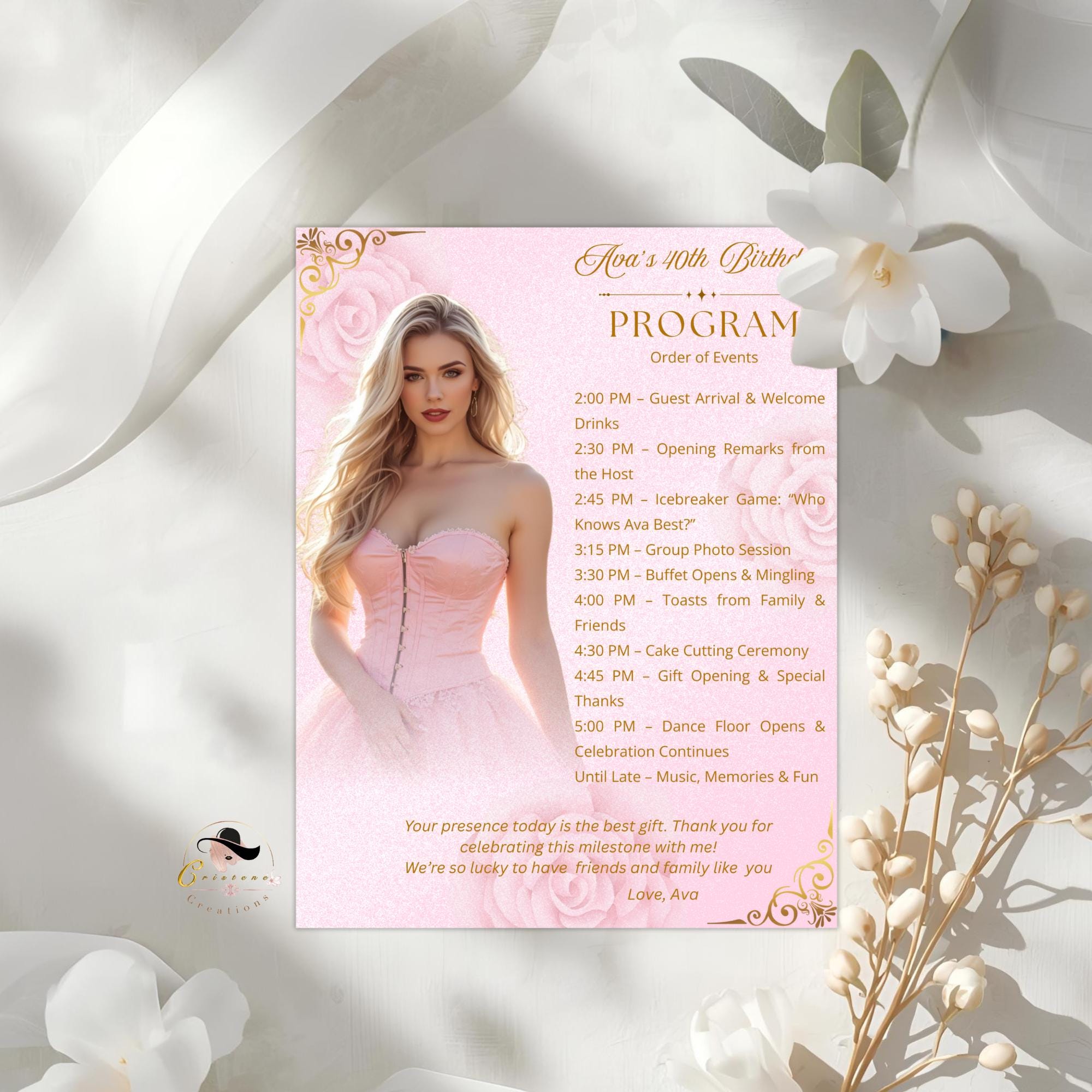Birthday Program Card with photo, Pink Gold Retirement Party Timeline Schedule, Editable Order of Events Printable Sweet 16 Program Template