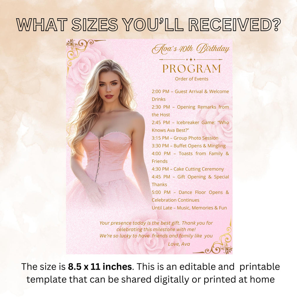 Birthday Program Card with photo, Pink Gold Retirement Party Timeline Schedule, Editable Order of Events Printable Sweet 16 Program Template