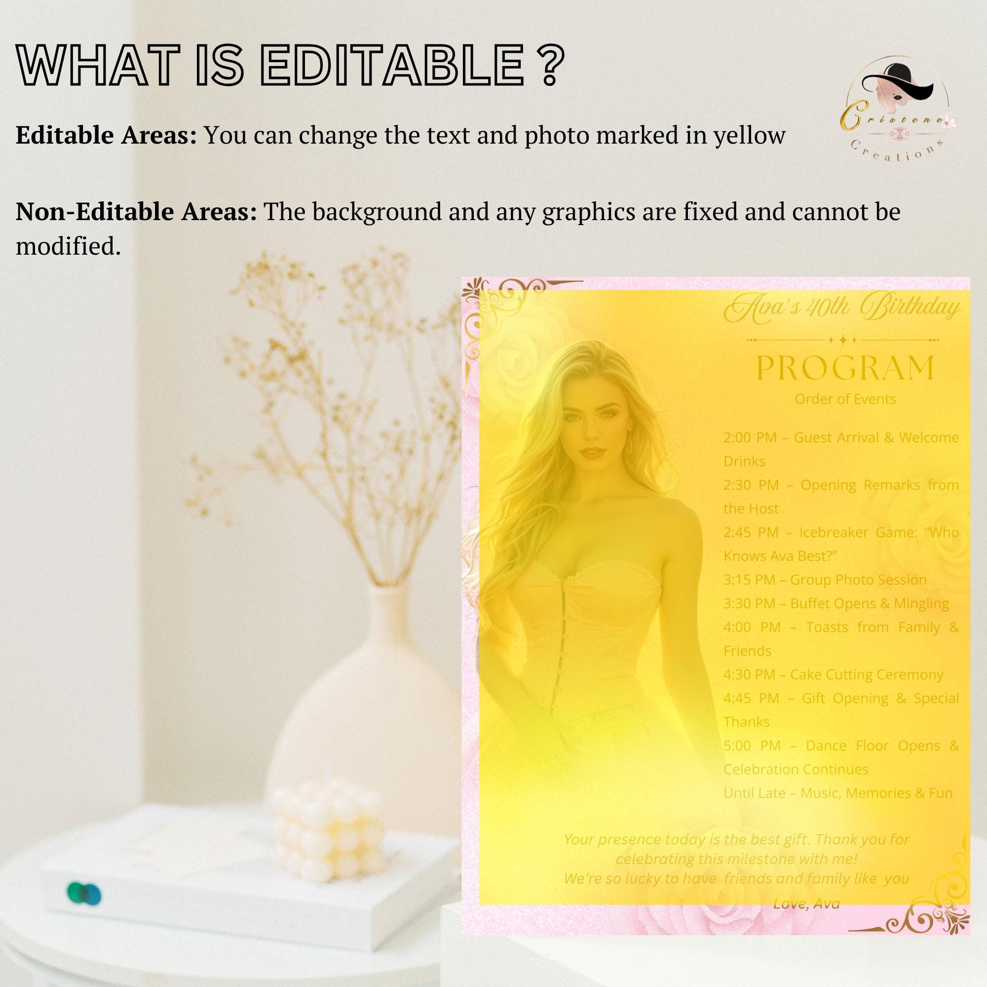 Birthday Program Card with photo, Pink Gold Retirement Party Timeline Schedule, Editable Order of Events Printable Sweet 16 Program Template