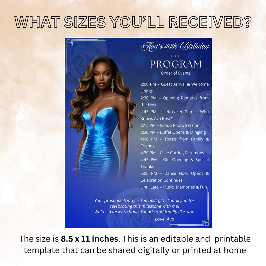 Retirement Program Card Template with photo, Birthday Party Timeline Schedule, Elegant Order of Events, Printable Blue Silver Programme