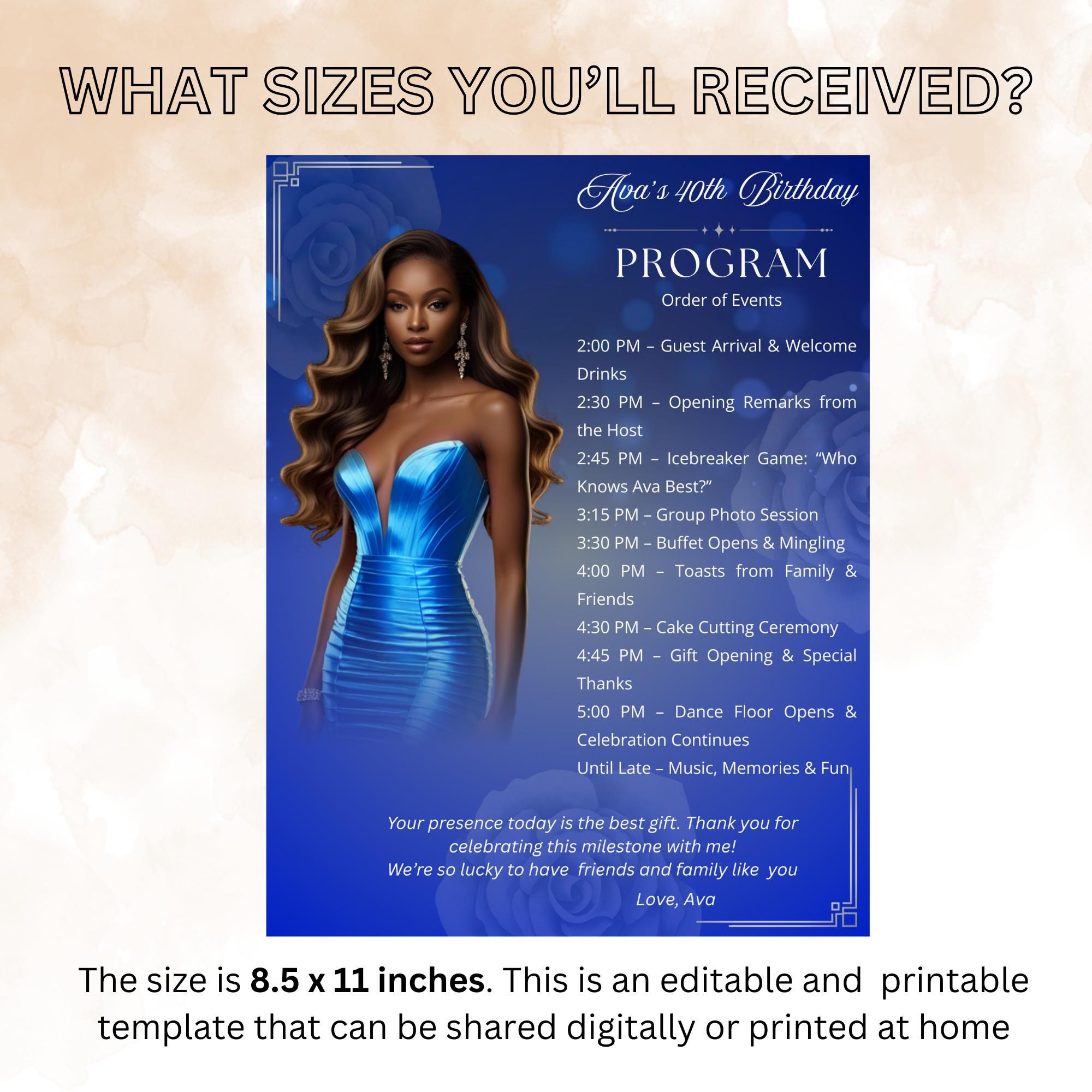 Retirement Program Card Template with photo, Birthday Party Timeline Schedule, Elegant Order of Events, Printable Blue Silver Programme