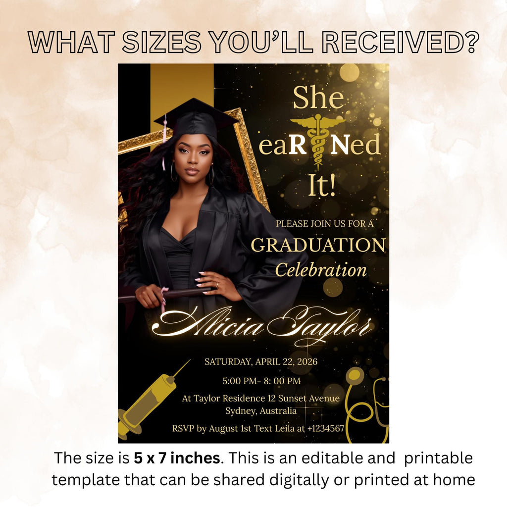 Digital Nurse Graduation Invitation with photo, Black Gold RN Commencement Class of 2026 invite, Medical CNA Nursing Graduate Flyer Template