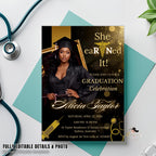 Digital Nurse Graduation Invitation with photo, Black Gold RN Commencement Class of 2026 invite, Medical CNA Nursing Graduate Flyer Template