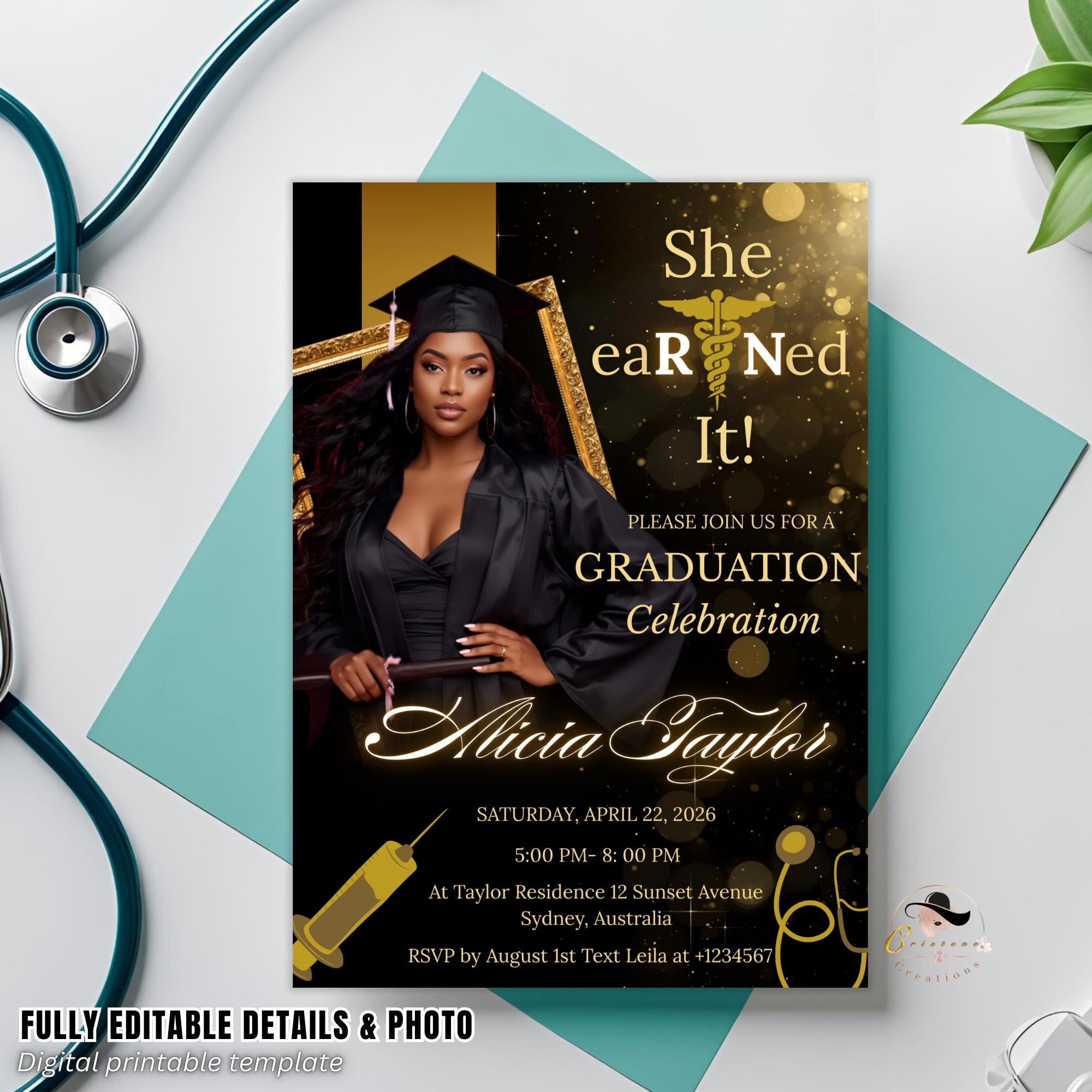 Digital Nurse Graduation Invitation with photo, Black Gold RN Commencement Class of 2026 invite, Medical CNA Nursing Graduate Flyer Template