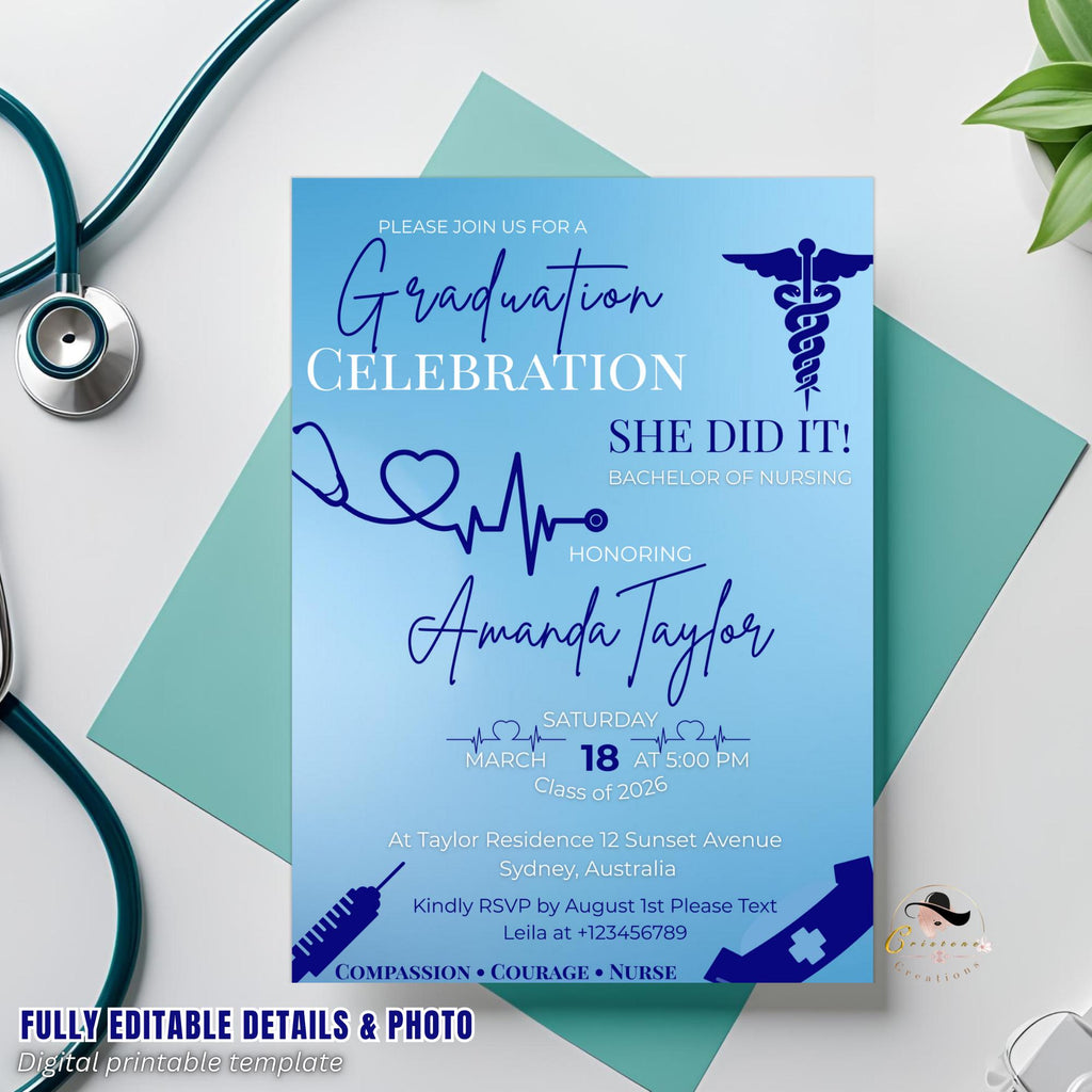 Editable Nurse Graduation Invitation, RN Pinning Ceremony Class of 2026 invite, Medical CNA Nursing Graduate Flyer Announcement Template