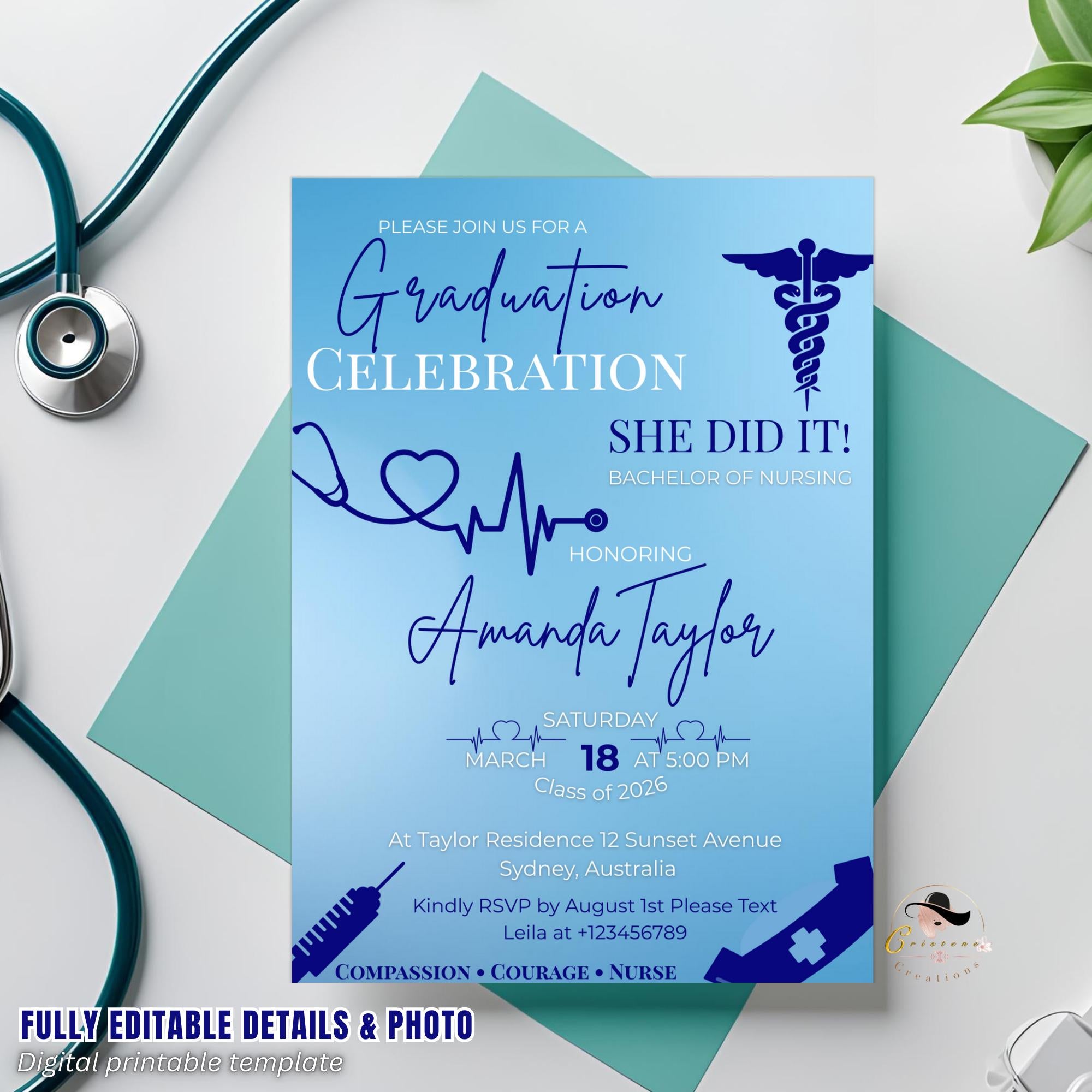 Editable Nurse Graduation Invitation, RN Pinning Ceremony Class of 2026 invite, Medical CNA Nursing Graduate Flyer Announcement Template