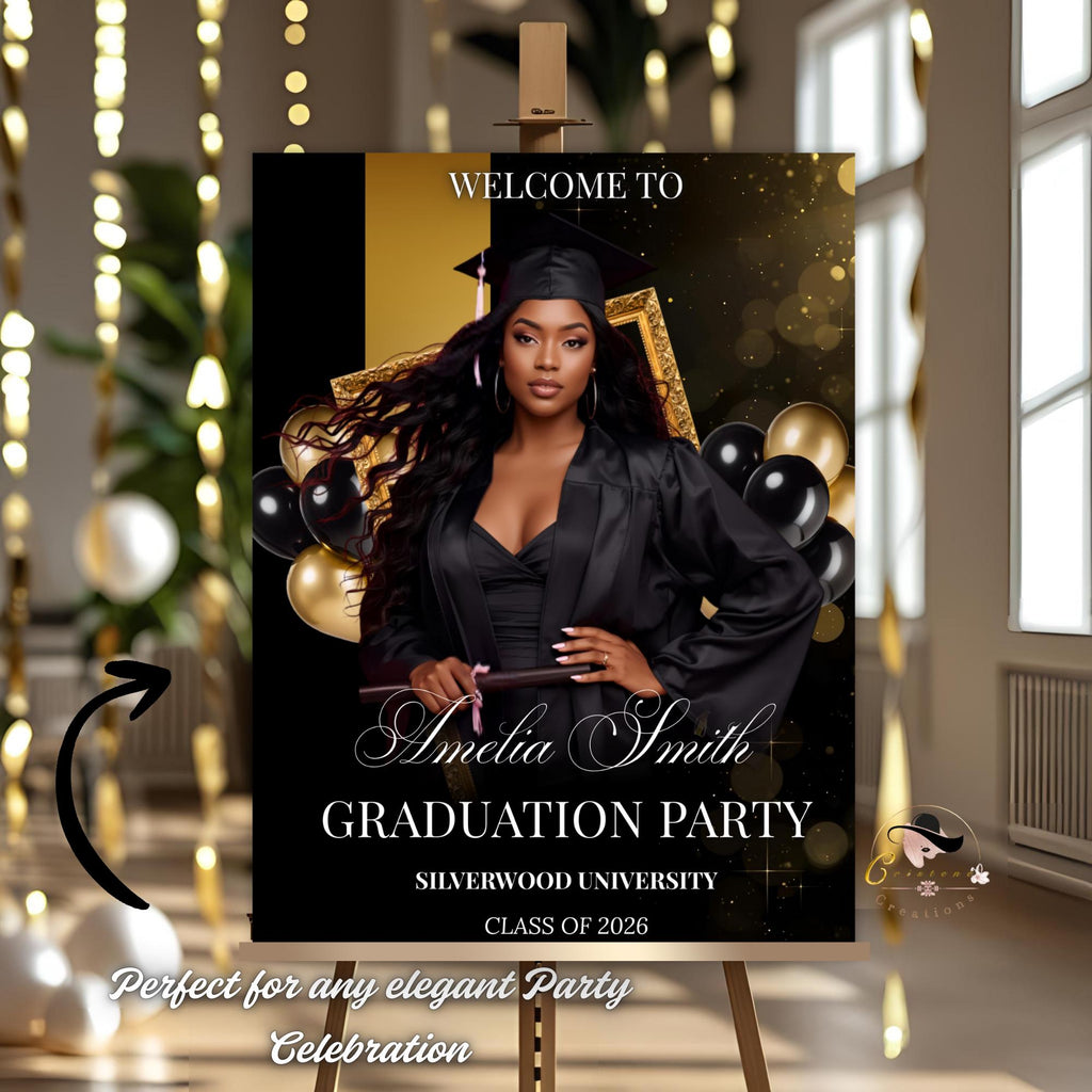 Graduation Welcome Party Sign Black Gold, Woman Graduates Poster Sign with photo 2026 Men Senior Graduation Announcement Entry Sign Template