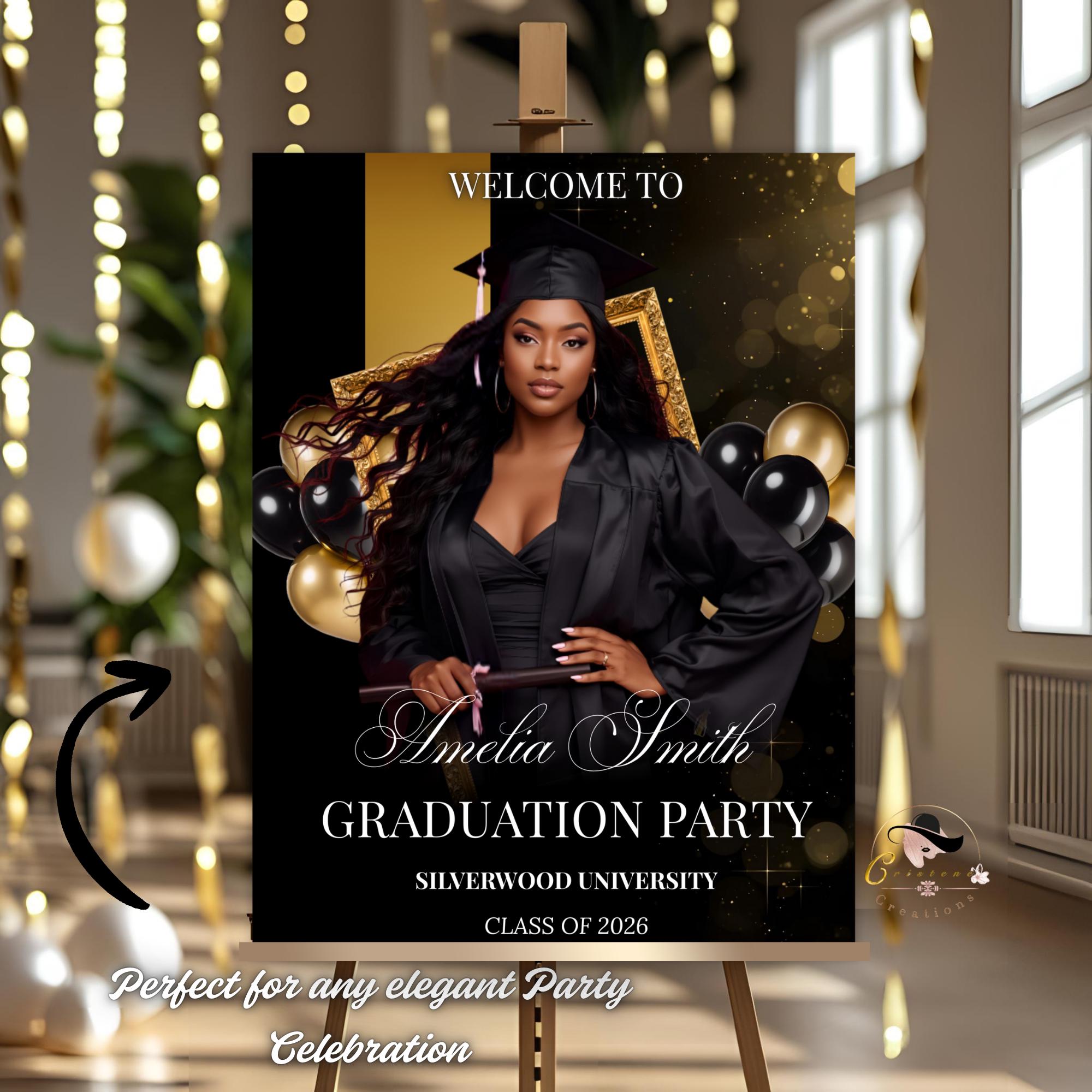 Graduation Welcome Party Sign Black Gold, Woman Graduates Poster Sign with photo 2026 Men Senior Graduation Announcement Entry Sign Template