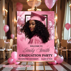 Pink Graduation Welcome Party Sign Woman Senior Graduates Poster Sign with photo, 2026 College Commencement Announcement Entry Sign Template