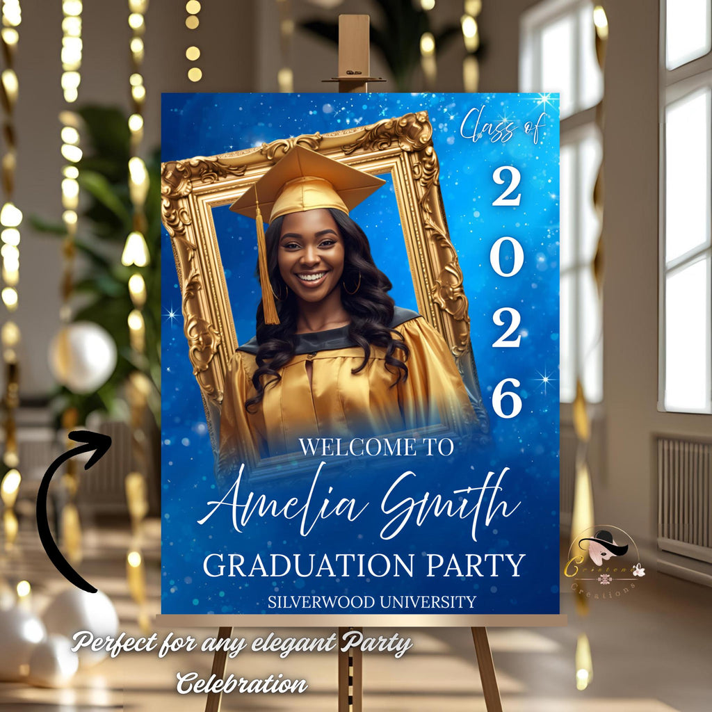 Graduation Welcome Party Sign Woman Senior Graduates Poster Sign with photo, Blue 2026 College Commencement Announcement Entry Sign Template