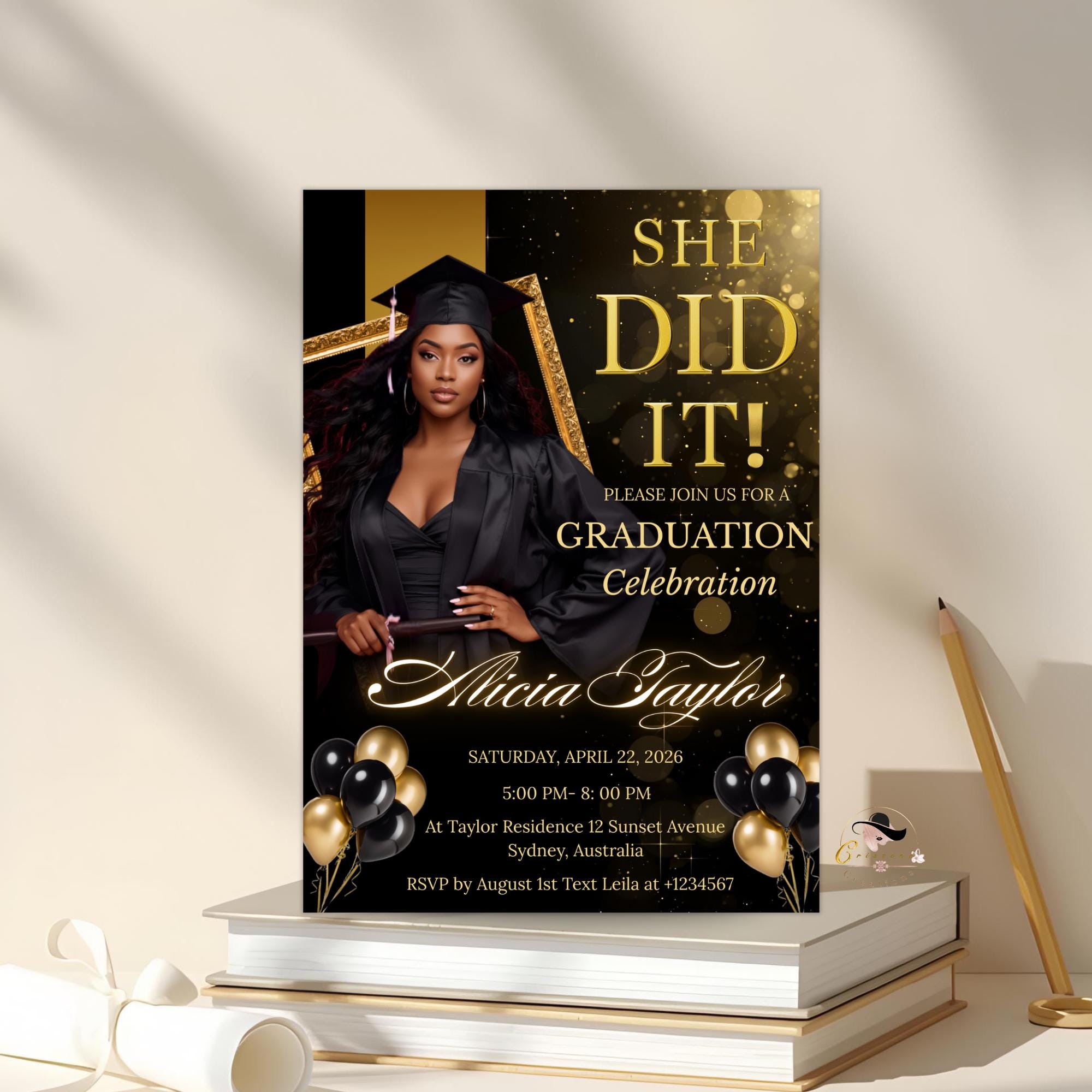 Black gold Graduation Announcement 2026 Invitation, Senior Graduation Party with photo invite, Editable College Graduate She DID it Template