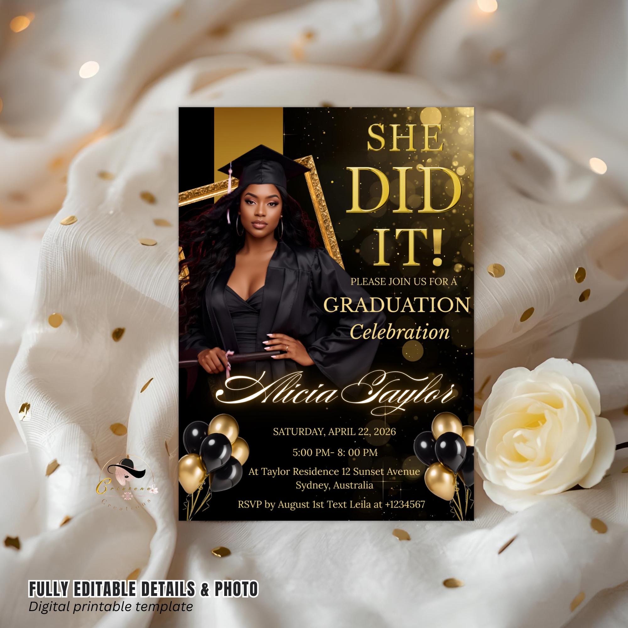 Black gold Graduation Announcement 2026 Invitation, Senior Graduation Party with photo invite, Editable College Graduate She DID it Template