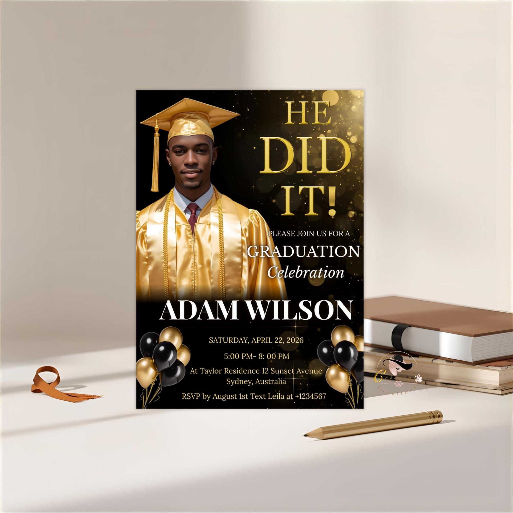 Men Graduation Announcement 2026 Invitation, Black gold Senior Graduation Party Invite with photo, Male College Graduates He DID it Template