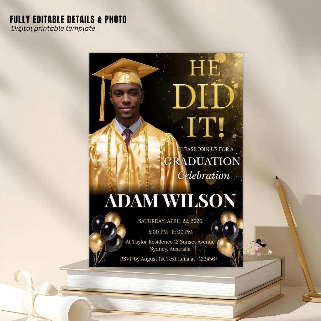 Men Graduation Announcement 2026 Invitation, Black gold Senior Graduation Party Invite with photo, Male College Graduates He DID it Template
