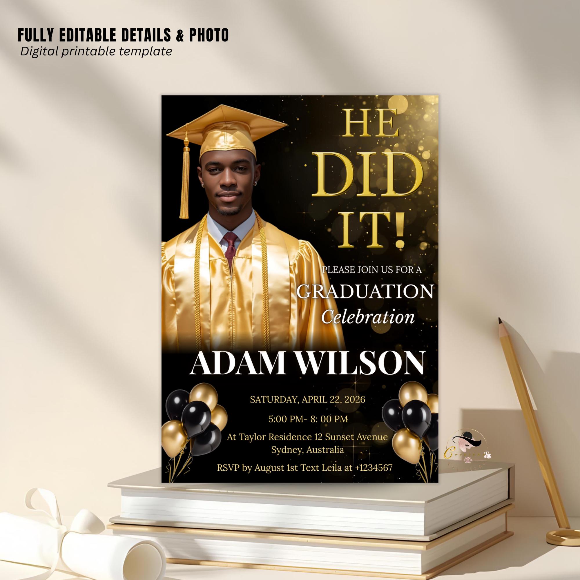 Men Graduation Announcement 2026 Invitation, Black gold Senior Graduation Party Invite with photo, Male College Graduates He DID it Template