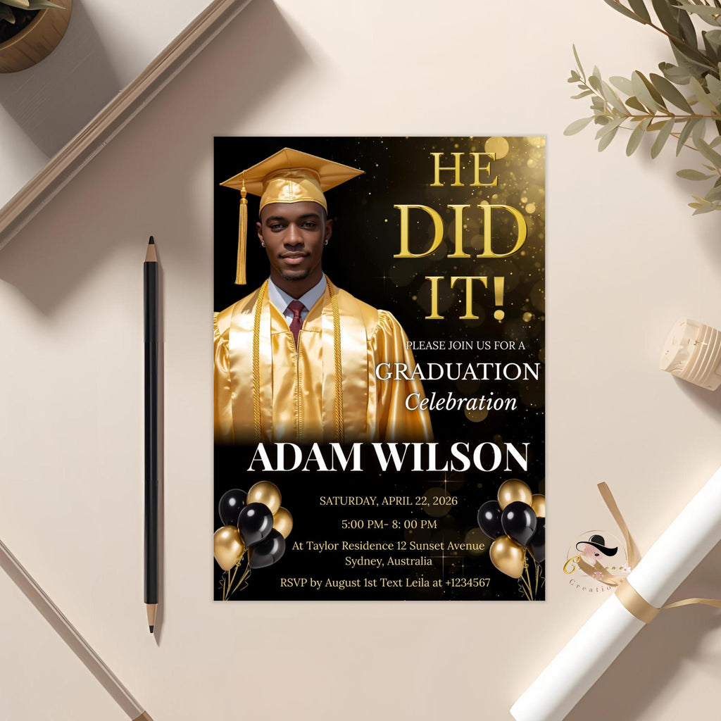 Men Graduation Announcement 2026 Invitation, Black gold Senior Graduation Party Invite with photo, Male College Graduates He DID it Template