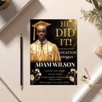 Men Graduation Announcement 2026 Invitation, Black gold Senior Graduation Party Invite with photo, Male College Graduates He DID it Template