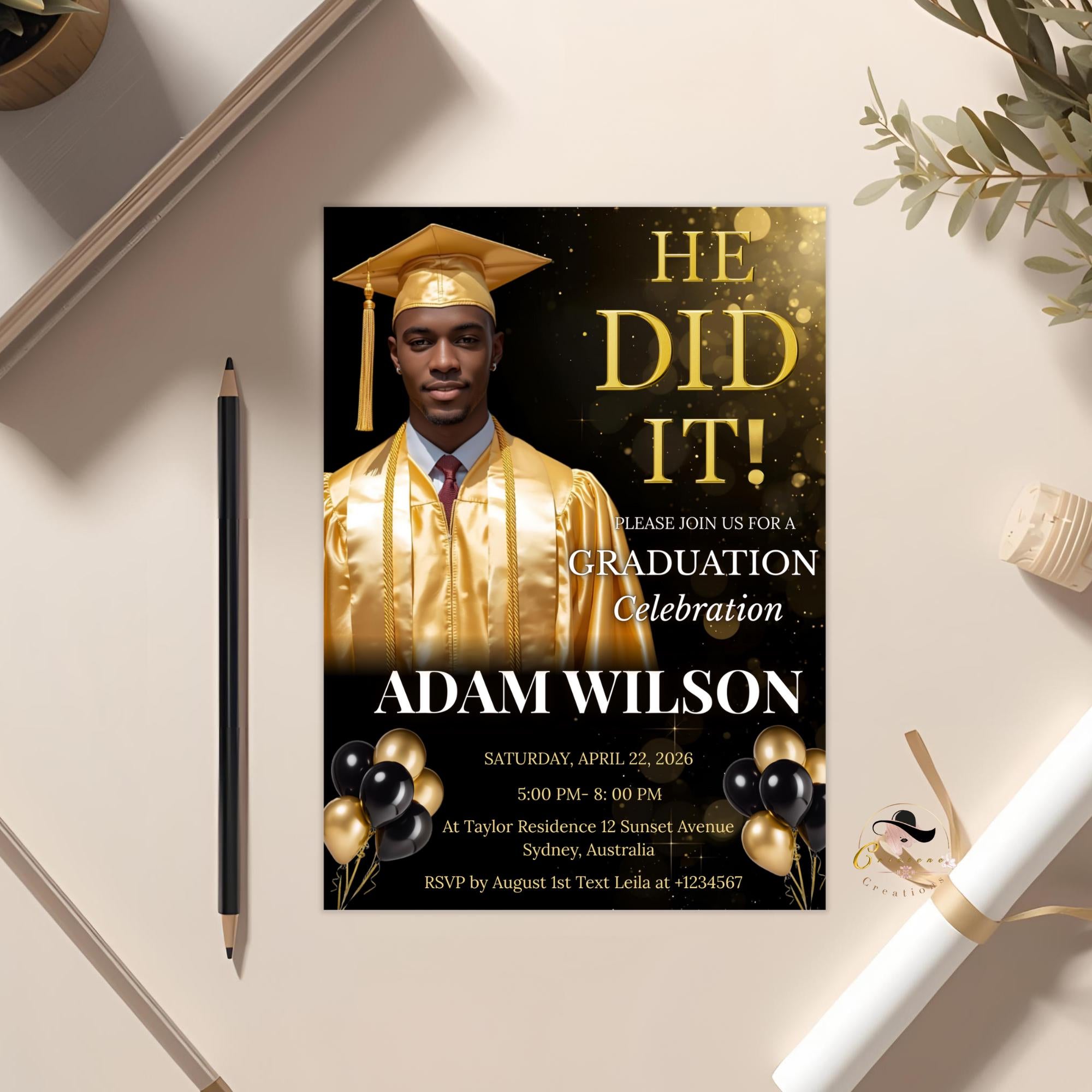Men Graduation Announcement 2026 Invitation, Black gold Senior Graduation Party Invite with photo, Male College Graduates He DID it Template
