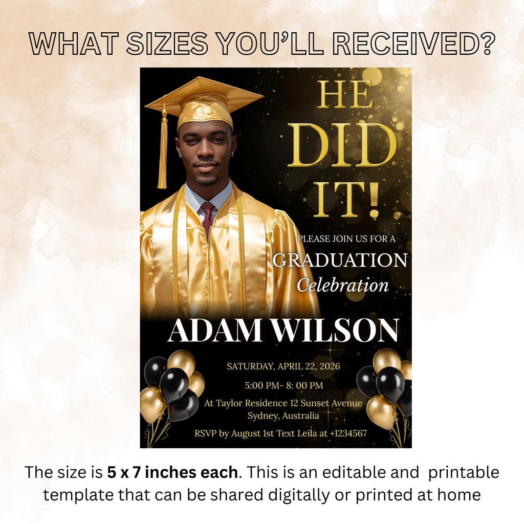 Men Graduation Announcement 2026 Invitation, Black gold Senior Graduation Party Invite with photo, Male College Graduates He DID it Template