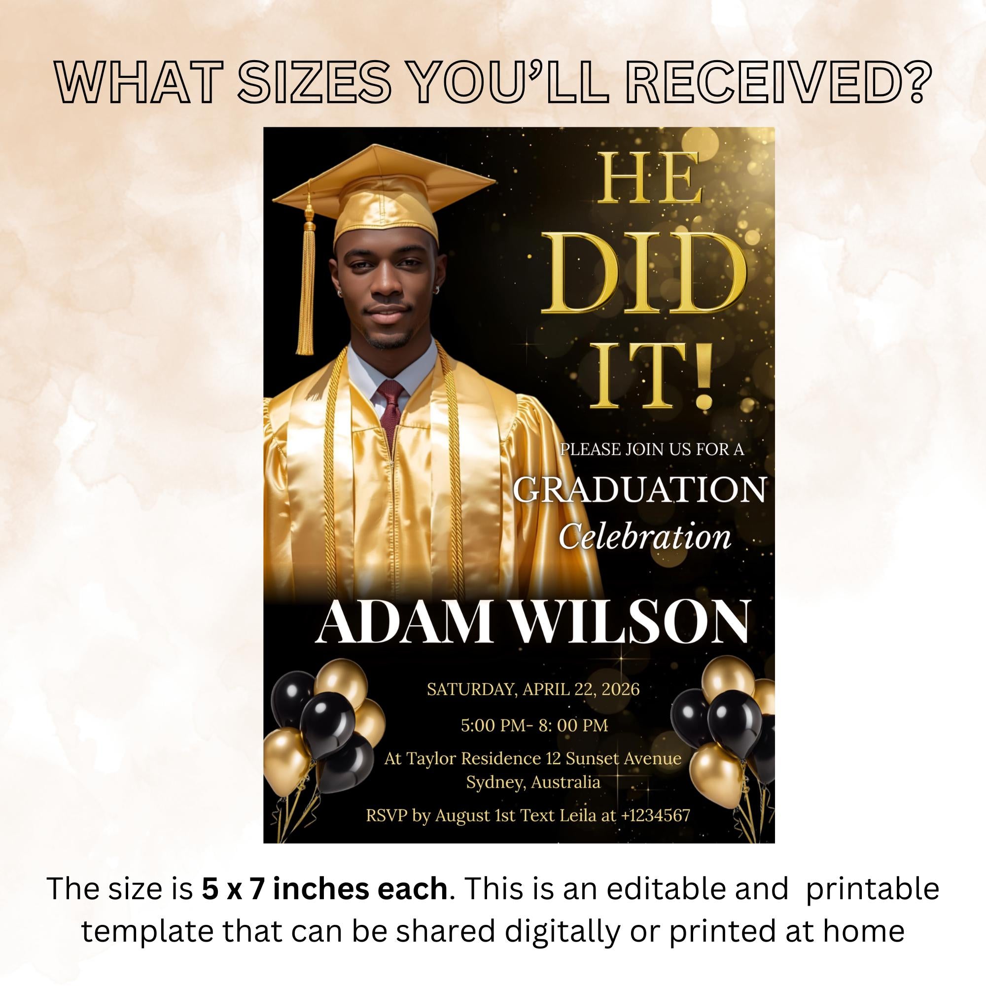 Men Graduation Announcement 2026 Invitation, Black gold Senior Graduation Party Invite with photo, Male College Graduates He DID it Template