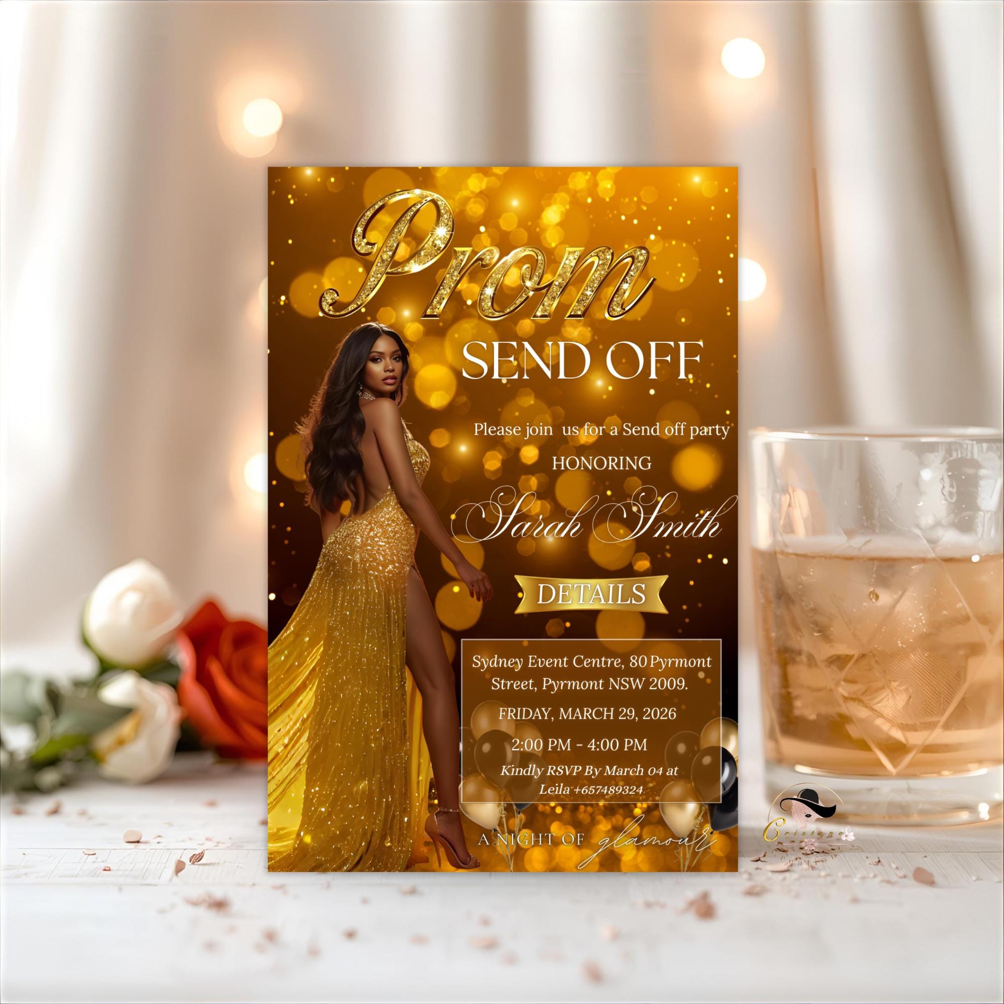 Black Gold Prom Send Off Party Invitation, Woman Junior and Senior Prom Night with photo invite, Hollywood Theme Celebration Template, PRM06