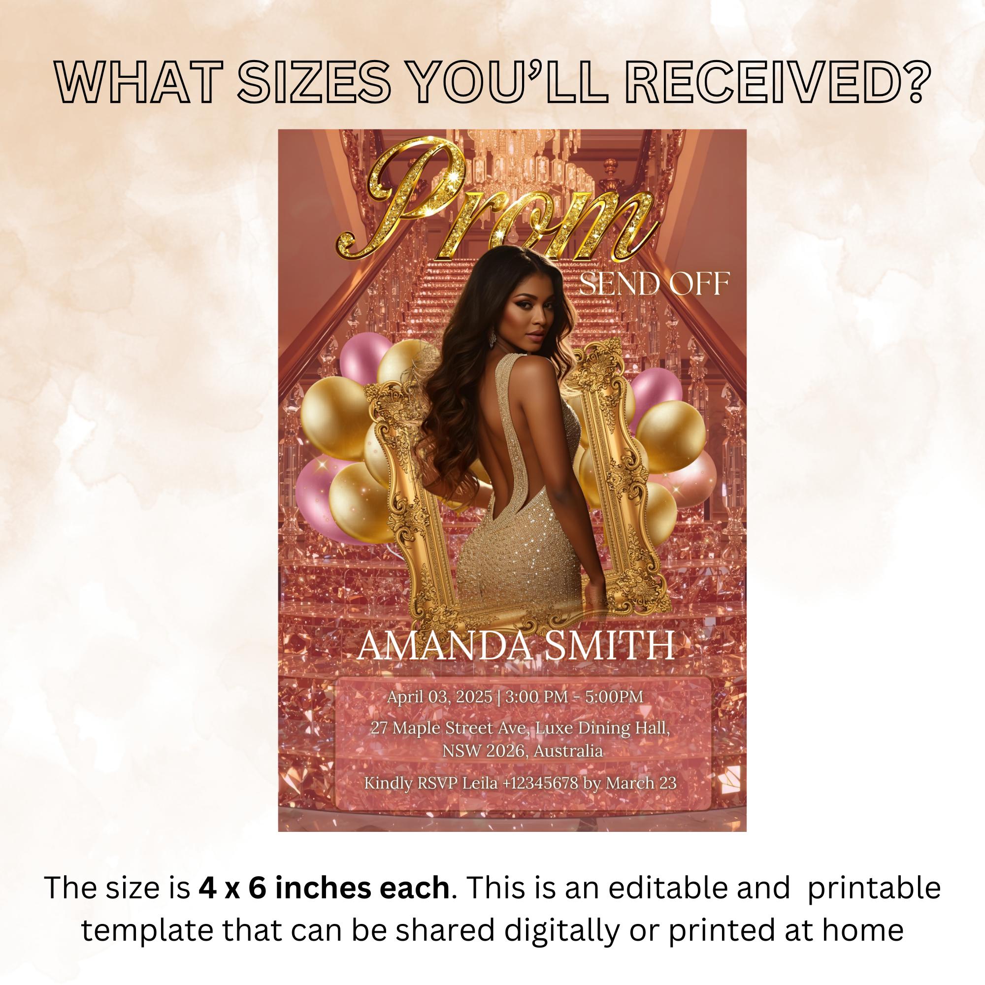 Prom Send Off Party Invitation Rose Gold Pink Senior Ball Prom Night with photo invite, Woman Junior Prom Hollywood Theme Template, PRM05