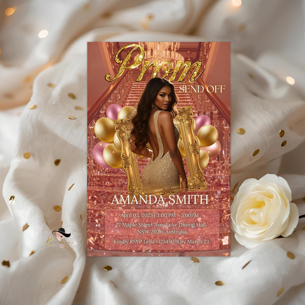 Prom Send Off Party Invitation Rose Gold Pink Senior Ball Prom Night with photo invite, Woman Junior Prom Hollywood Theme Template, PRM05
