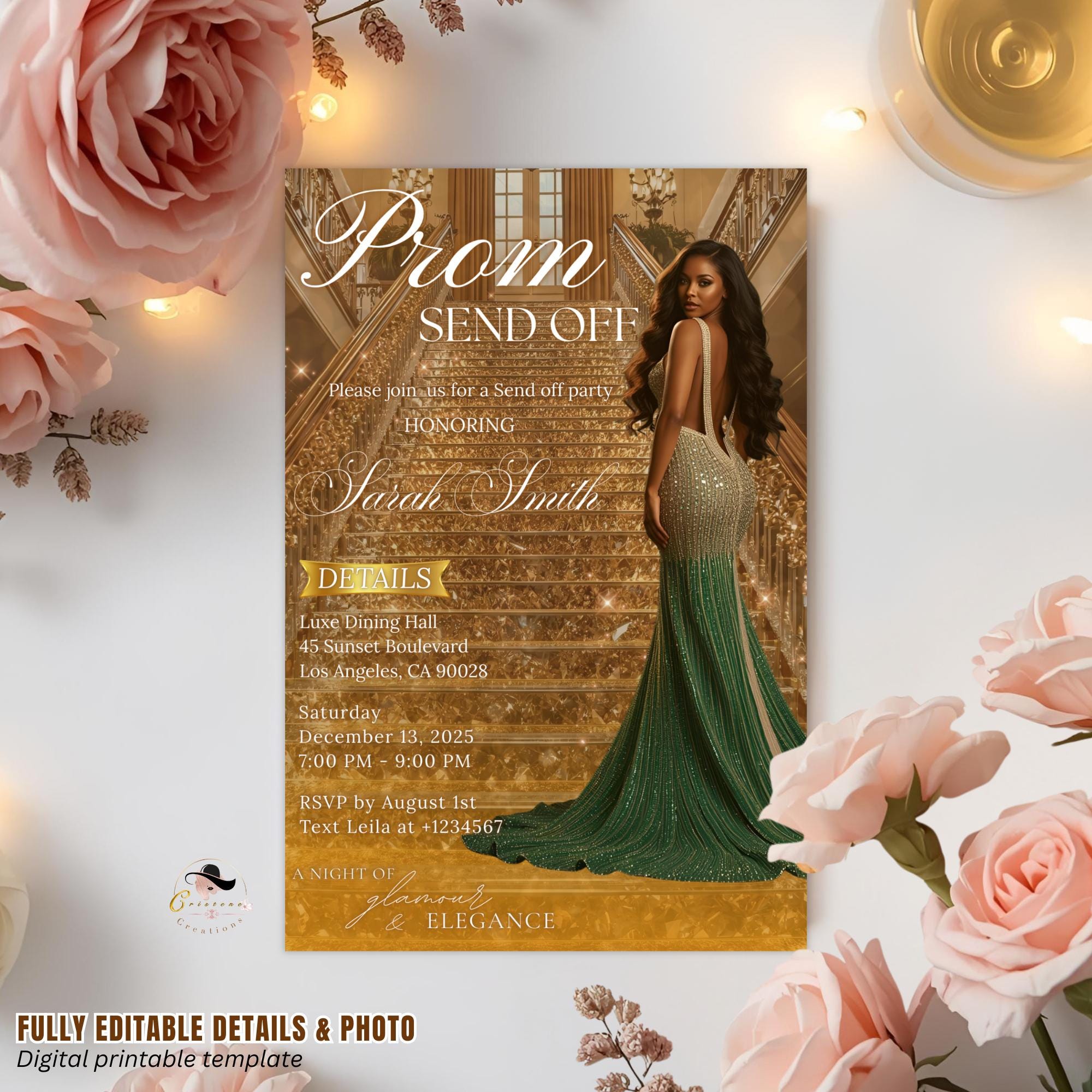 Prom Send Off Party Invitation, Woman Senior and Junior Prom Night with photo invite, Elegant Hollywood Theme Celebration Template, PRM02