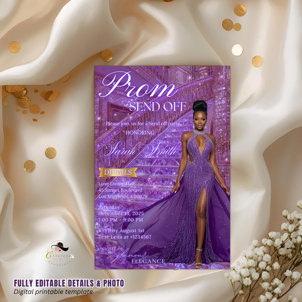 Prom Send Off Party Invitation Purple Senior and Junior Prom Night with photo invite, Elegant Hollywood Theme Celebration Template, PRM08