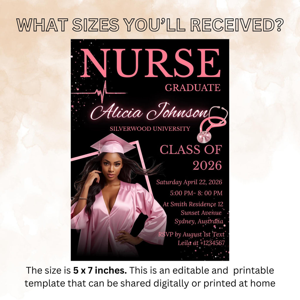 Nurse Graduation Invitation with photo, Pink Black RN Pinning Ceremony Class of 2026 invite, Medical LPN CNA Nursing Graduate Flyer Template