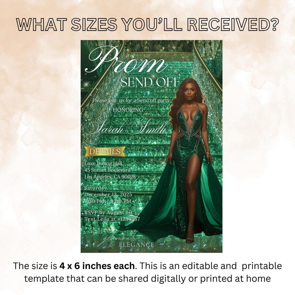 Green Prom Send Off Party Invitation, Woman Senior Grand Ball Prom Night with photo invite, Glam Junior Prom Hollywood Theme Template, PRM12