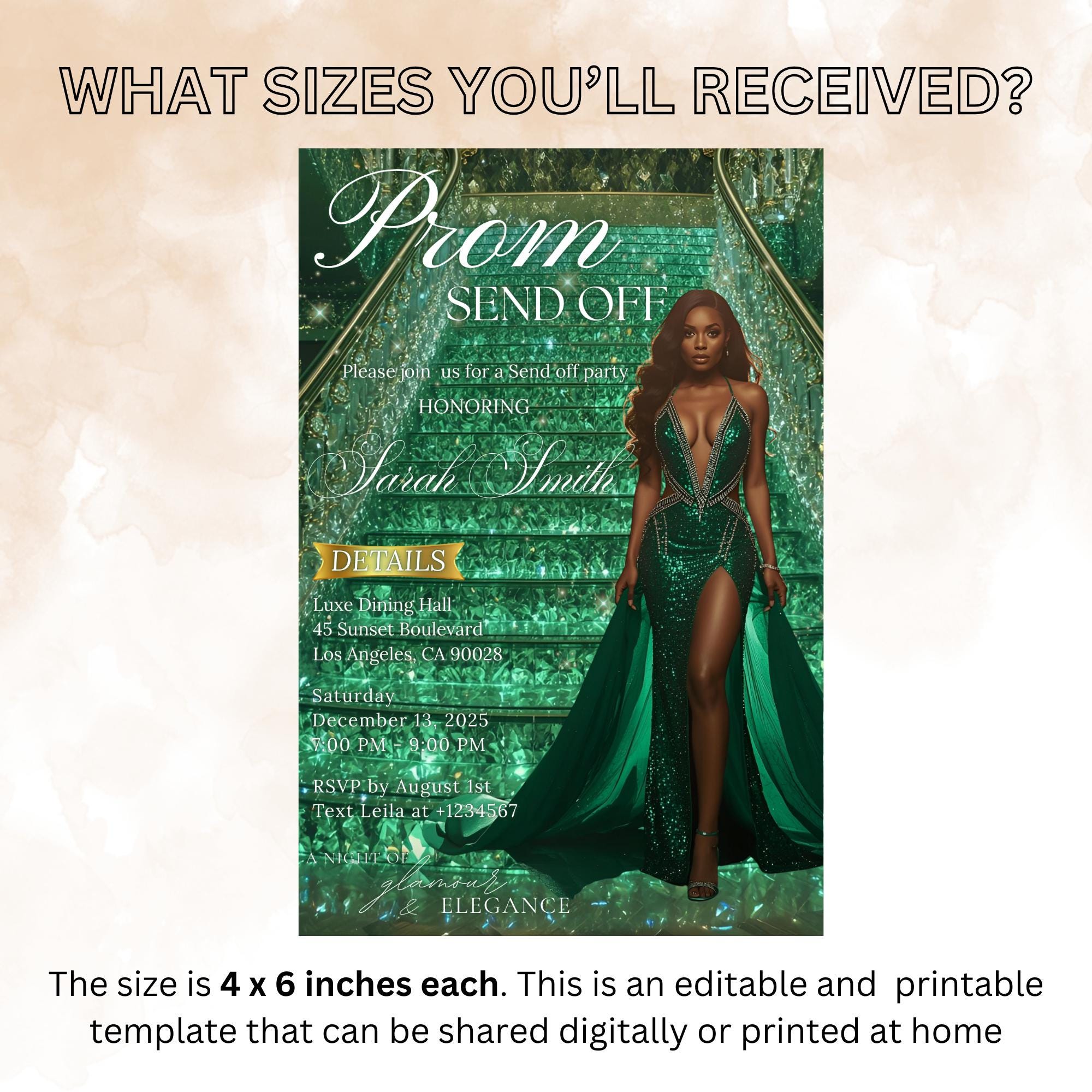 Green Prom Send Off Party Invitation, Woman Senior Grand Ball Prom Night with photo invite, Glam Junior Prom Hollywood Theme Template, PRM12