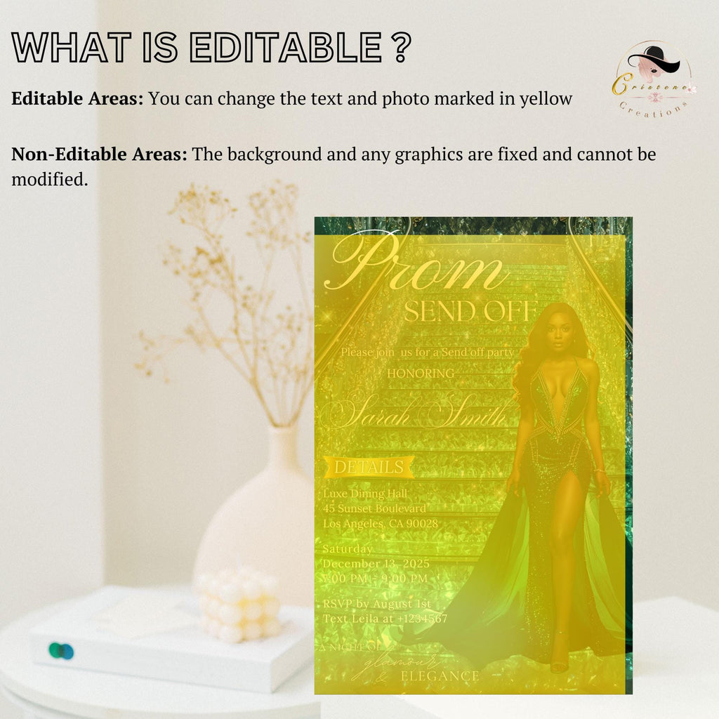 Green Prom Send Off Party Invitation, Woman Senior Grand Ball Prom Night with photo invite, Glam Junior Prom Hollywood Theme Template, PRM12