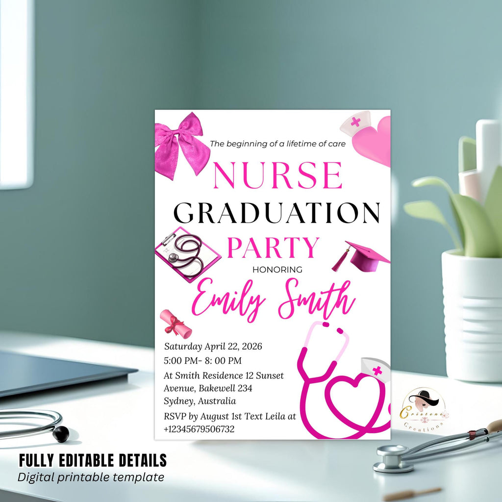 Pink Nurse Graduation Invitation, RN Pinning Ceremony Class of 2026 invite, Medical BSN CNA Lpn Nursing Graduate Flyer Announcement Template