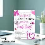 Pink Nurse Graduation Invitation, RN Pinning Ceremony Class of 2026 invite, Medical BSN CNA Lpn Nursing Graduate Flyer Announcement Template