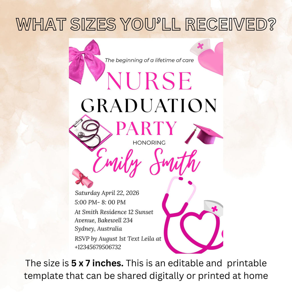 Pink Nurse Graduation Invitation, RN Pinning Ceremony Class of 2026 invite, Medical BSN CNA Lpn Nursing Graduate Flyer Announcement Template