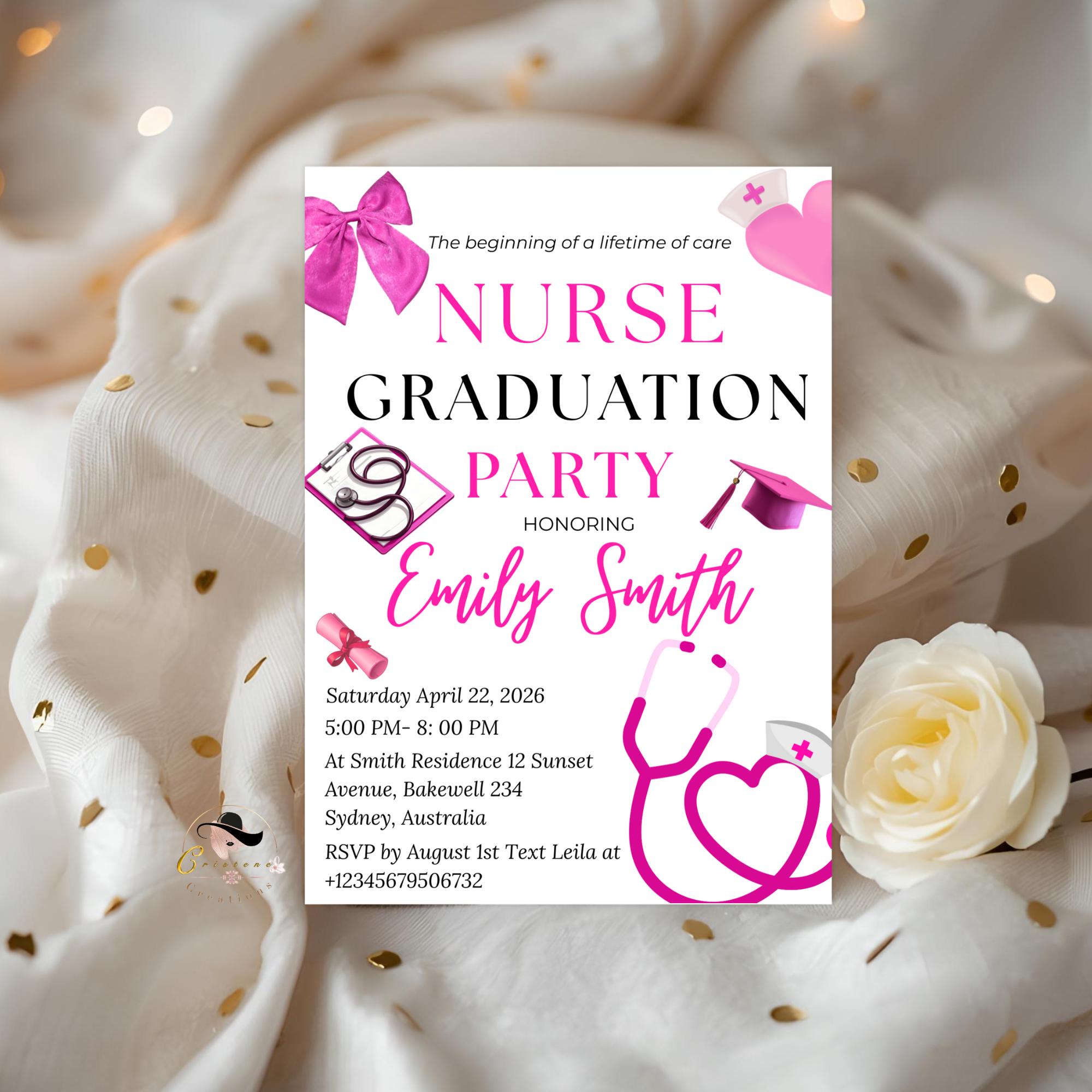 Pink Nurse Graduation Invitation, RN Pinning Ceremony Class of 2026 invite, Medical BSN CNA Lpn Nursing Graduate Flyer Announcement Template