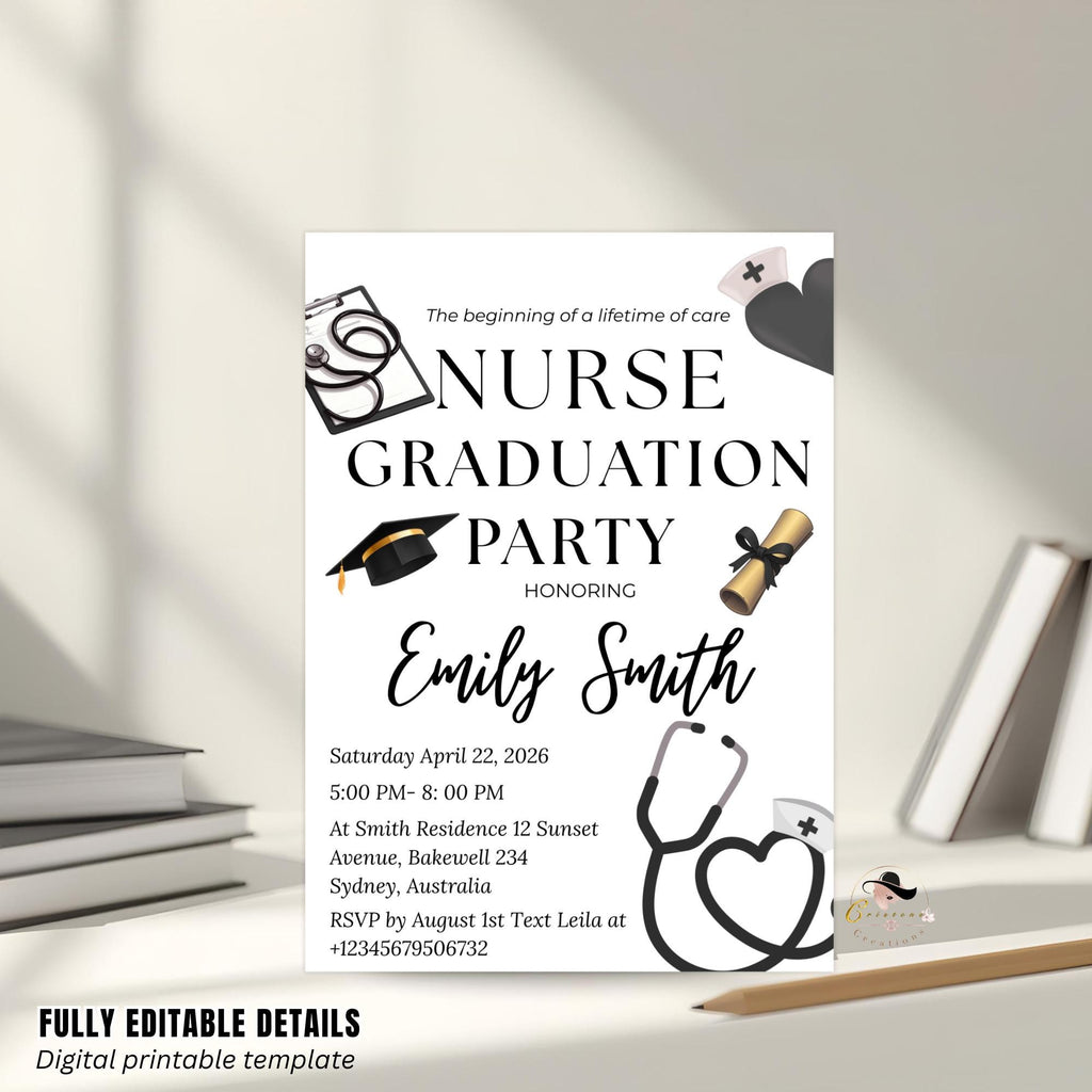 Nurse Graduation Invitation, RN Pinning Ceremony, Class of 2026 Commencement invite Medical BSN Nursing Graduate Flyer Announcement Template