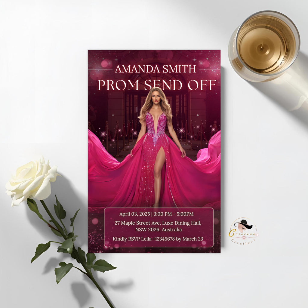 Prom Send Off Party Invitation, Woman Senior Ball and Junior Prom Night with photo invite Elegant Hollywood Theme Red Carpet Template, PRM03