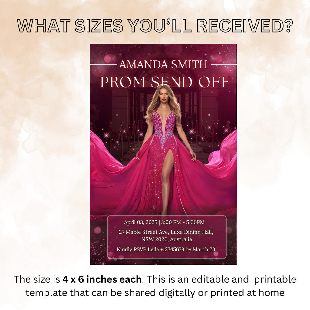 Prom Send Off Party Invitation, Woman Senior Ball and Junior Prom Night with photo invite Elegant Hollywood Theme Red Carpet Template, PRM03