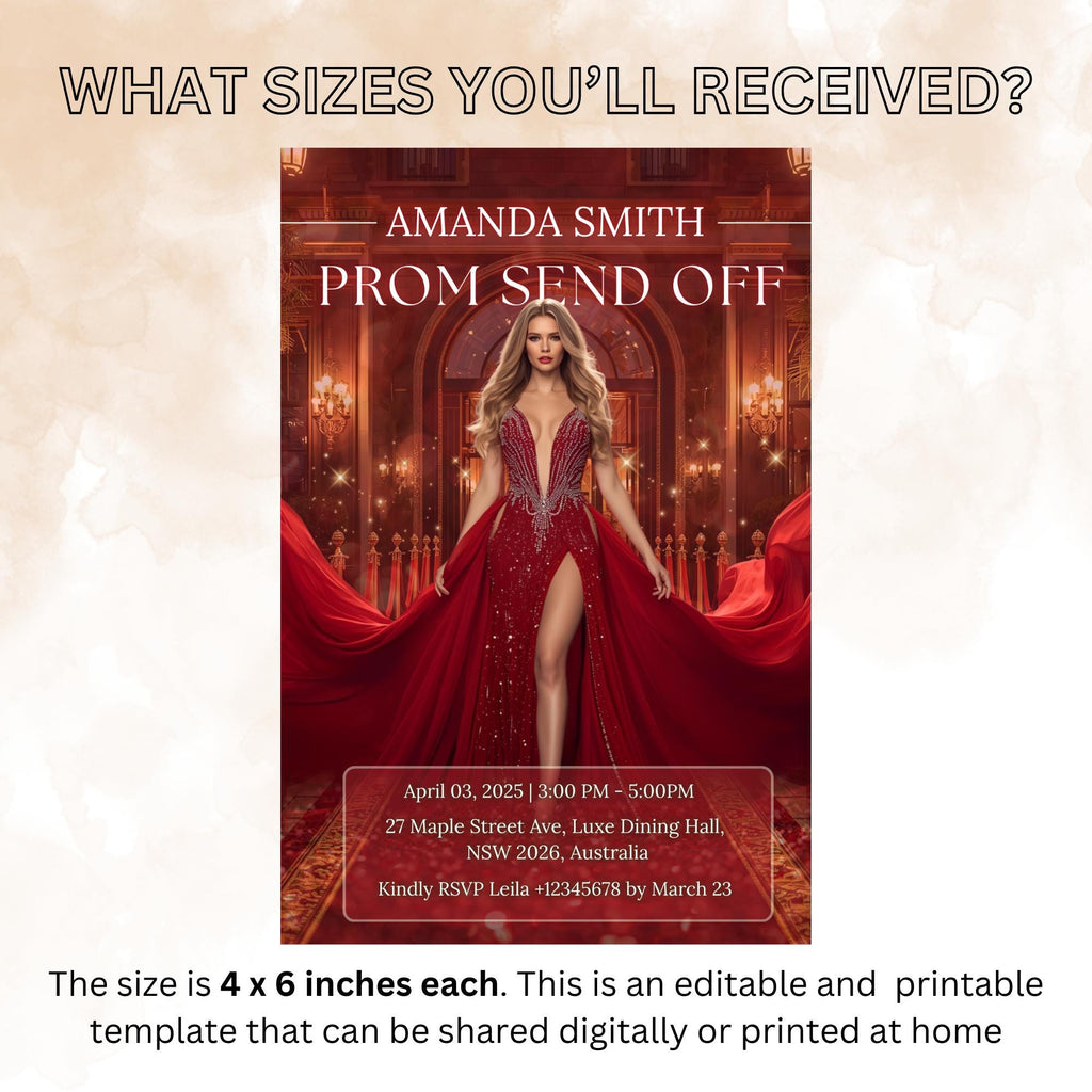 Prom Send Off Party Invitation Red Senior Ball and Junior Prom Night with photo invite, Elegant Hollywood Theme Red Carpet Template, PRM04