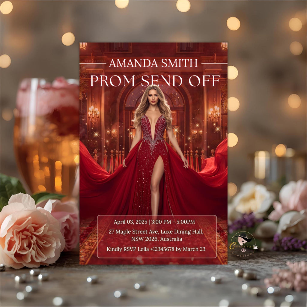 Prom Send Off Party Invitation Red Senior Ball and Junior Prom Night with photo invite, Elegant Hollywood Theme Red Carpet Template, PRM04