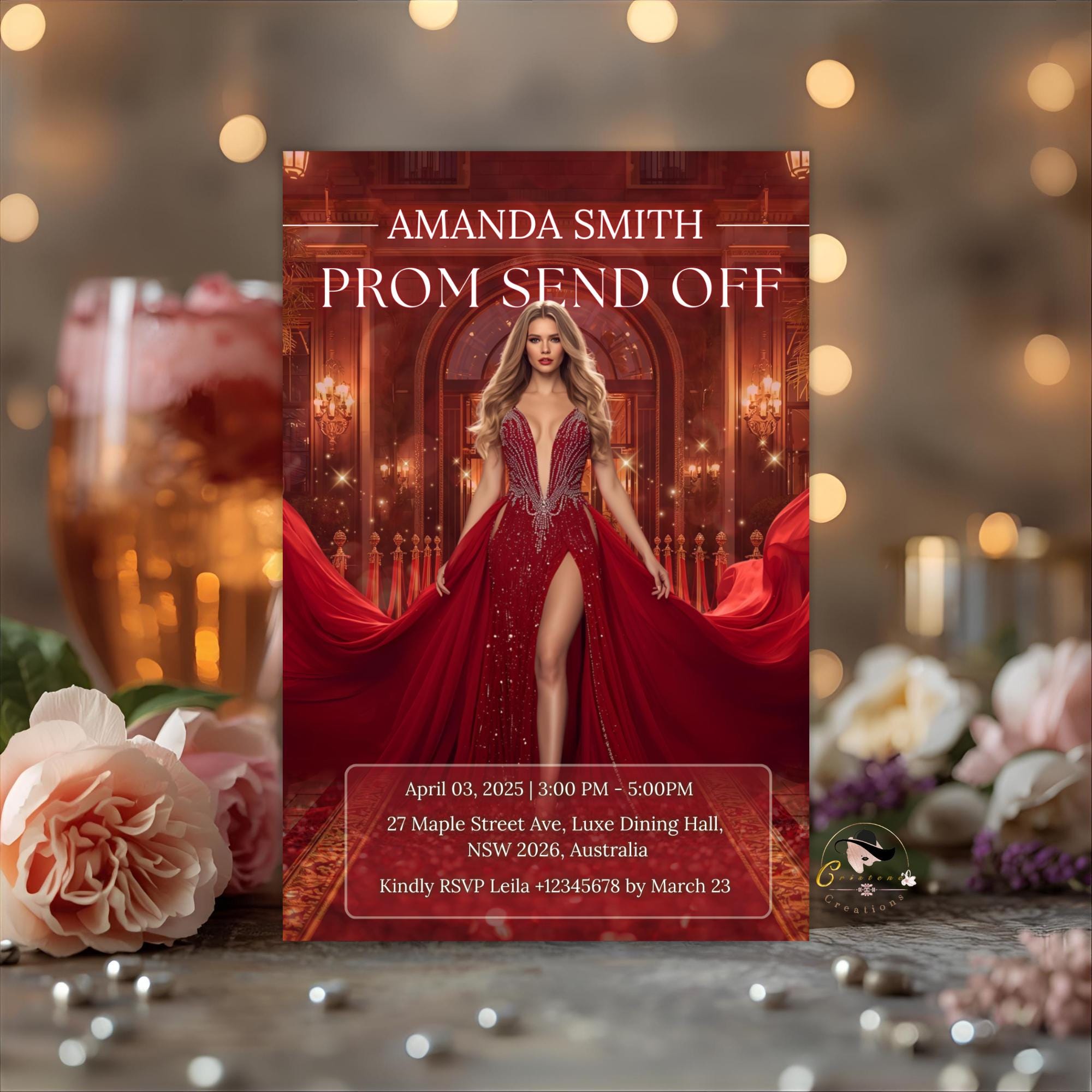Prom Send Off Party Invitation Red Senior Ball and Junior Prom Night with photo invite, Elegant Hollywood Theme Red Carpet Template, PRM04